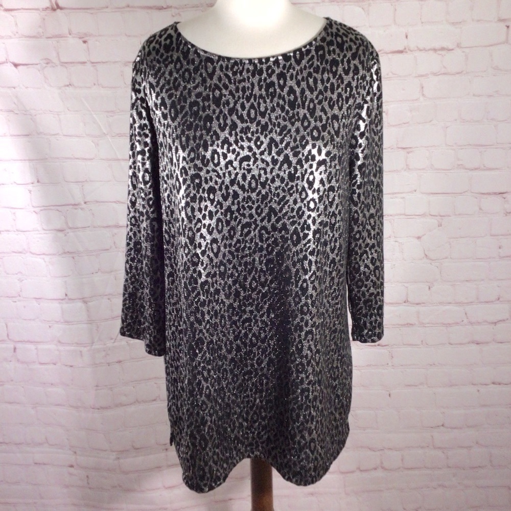 Chico’s Easy Wear Shimmer Metallic Animal Print 3/4 Sleeve Top - Size 1